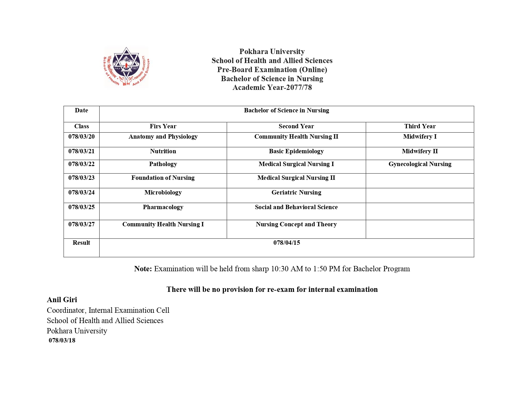 Pre-Board Examination B.Sc. Nursing I, II And III 2078 - SHAS | SHAS